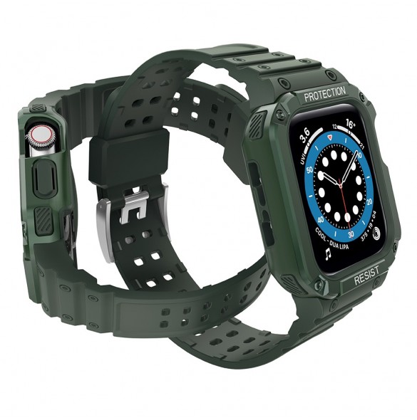 Protect Strap Band med fodral för Apple Watch 7 / SE (45/44 / 42 mm) fodral pansarklocka Grön