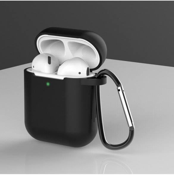 Fodral för AirPods 2 / AirPods 1 mjukt silikonfodral för hörlurar + nyckelring karbinhake svart (fodral D)