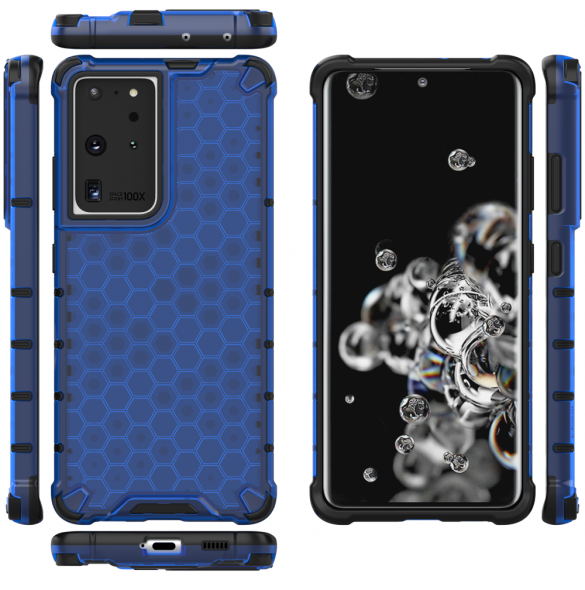Honeycomb-fodral bepansrat skal med en gelram för Samsung Galaxy S22 Ultra blå
