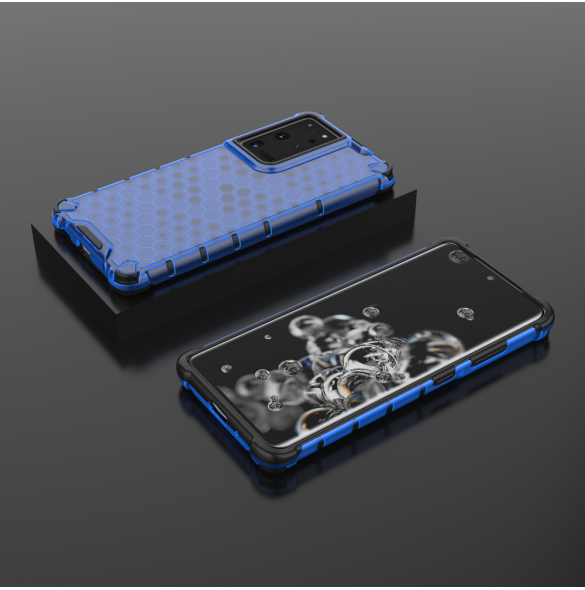 Honeycomb-fodral bepansrat skal med en gelram för Samsung Galaxy S22 Ultra blå