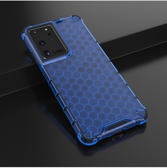Honeycomb-fodral bepansrat skal med en gelram för Samsung Galaxy S22 Ultra blå