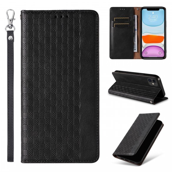 Magnet Strap Fodral för iPhone 12 Pouch Plånbok + Mini Halsband Svart