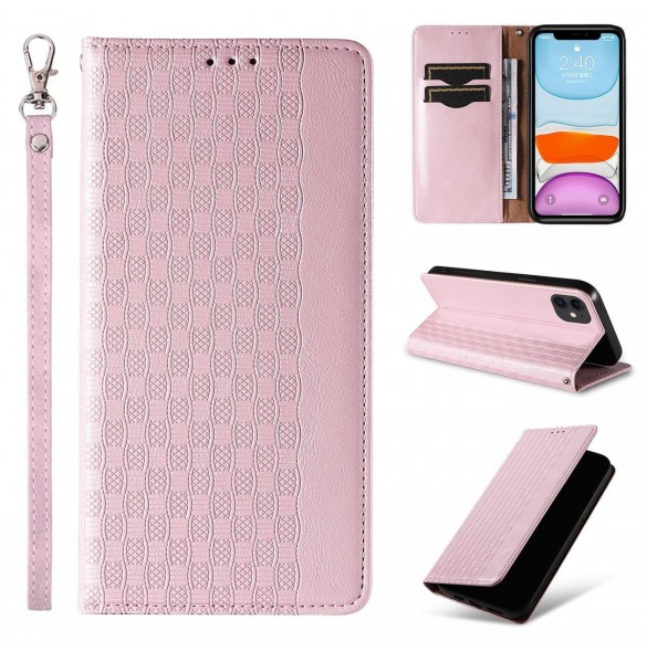 Magnetremsfodral för iPhone 12 Pouch-plånbok + Mini Halsbandshänge Rosa