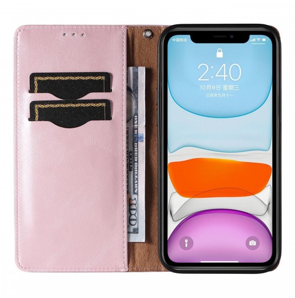 Magnetremsfodral för iPhone 12 Pouch-plånbok + Mini Halsbandshänge Rosa