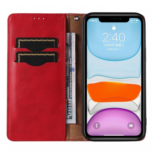 Magnetremsfodral för iPhone 12 Pouch Plånbok + Mini Halsbandshänge Röd