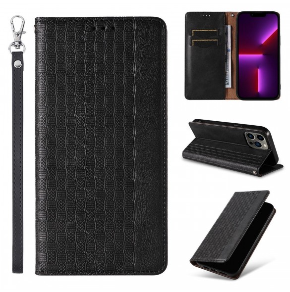 Magnet Strap Fodral för iPhone 12 Pro Pouch Plånbok + Mini Lanyard Pendant Svart