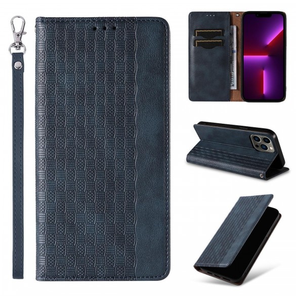 Magnet Strap Fodral för iPhone 13 Pro Max Pouch Plånbok + Mini Lanyard Pendant Blå
