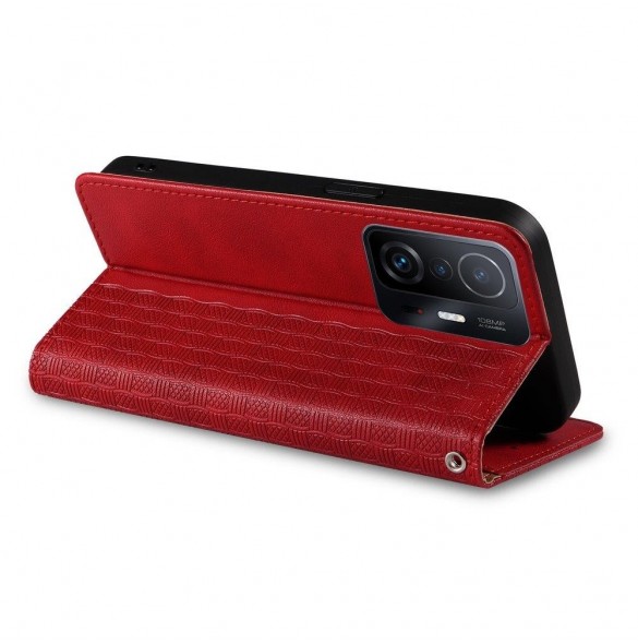 Magnet Strap Fodral Fodral för Samsung Galaxy A12 5G Plånbok + Mini Halsbandshänge Röd
