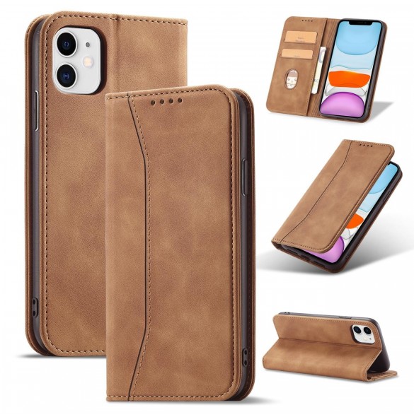 Magnet Fancy Fodral för iPhone 12 täckkort plånbok kortställ brunt