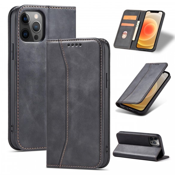 Magnet Fancy Case Fodral för iPhone 12 Pro Pouch Card Plånbok Kortställ Svart