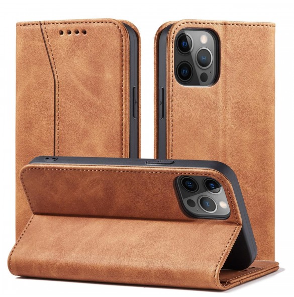 Magnet Fancy Case Fodral för iPhone 12 Pro Pouch Card Plånbok Kortställ Brun