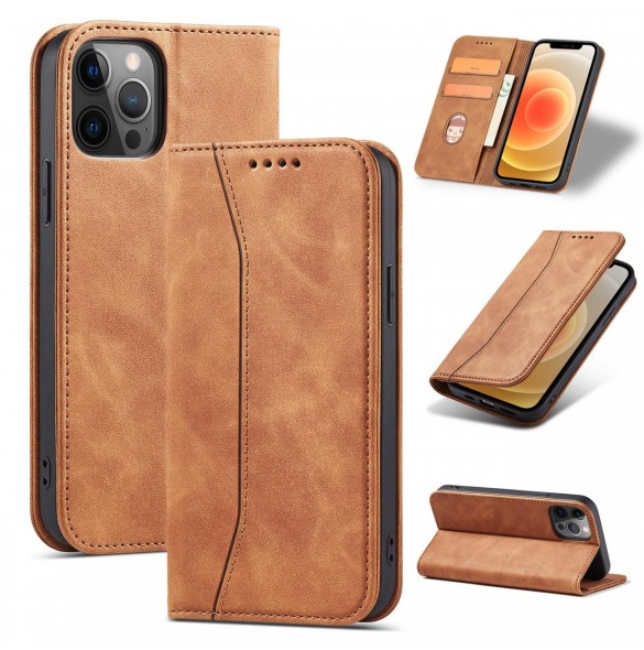 Magnet Fancy Case Fodral för iPhone 12 Pro Pouch Card Plånbok Kortställ Brun