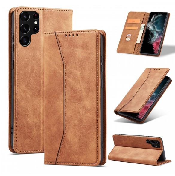 Magnet Fancy Case Fodral för Samsung Galaxy S22 Ultra Cover Card Plånbok Kortställ Brun