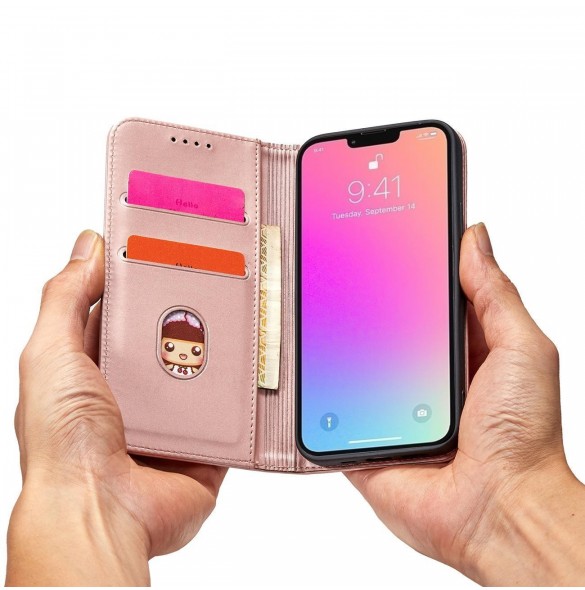 Magnetkortfodral för iPhone 14 Plus flip cover plånboksställ rosa