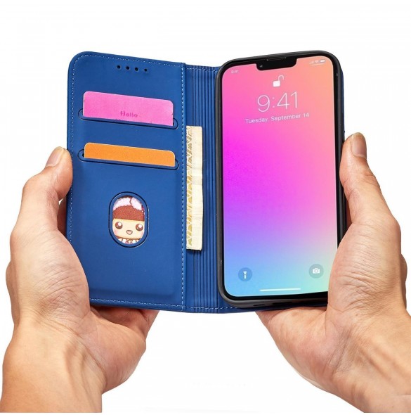 Magnetkortfodral för iPhone 14 Pro flip cover plånboksställ blå
