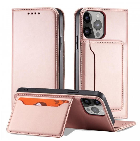 Magnetkortfodral för iPhone 14 Pro flip cover plånboksställ rosa