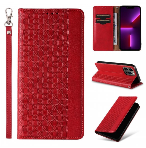 Magnet Strap Fodral iPhone 14 Pro Fodral med Flip Wallet Mini Lanyard Stand Röd