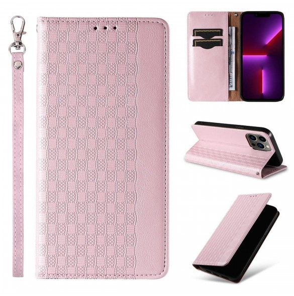 Magnet Strap Case Fodral för iPhone 14 Pro Flip Wallet Mini Lanyard Stand Rosa
