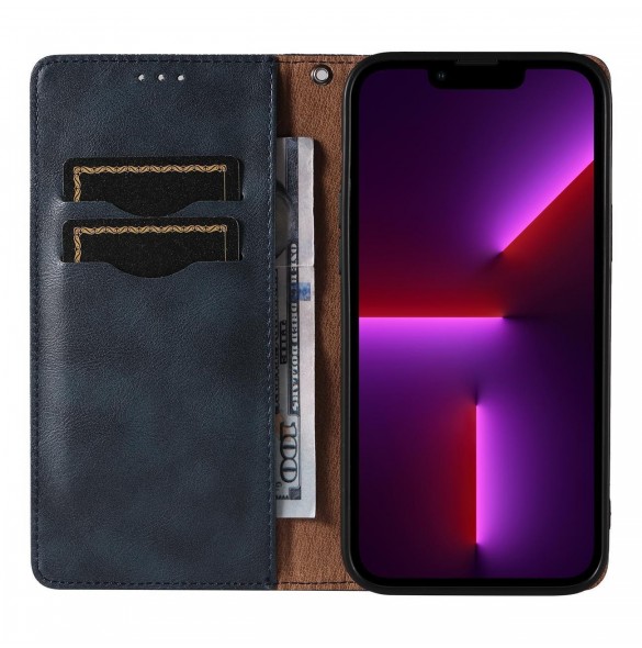 Magnet Strap Case Fodral för iPhone 14 Pro Max Flip Wallet Mini Lanyard Stand Blå