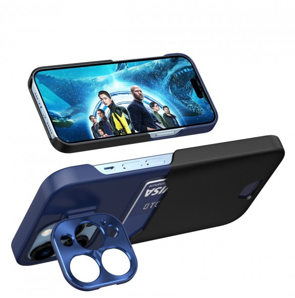 Läderställfodral för iPhone 14 Pro Max skalkortplånbok med stativ blå