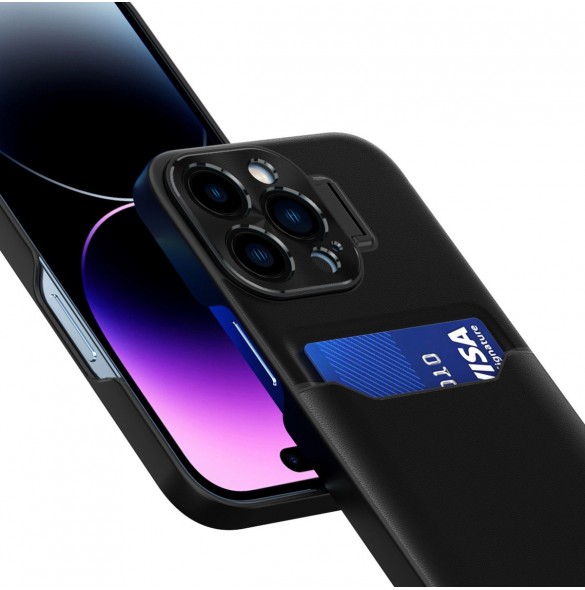 Läderställfodral för iPhone 14 Pro Max skalkortplånbok med ställ svart