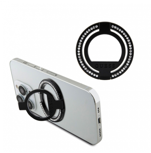 Guess - Magsafe Ringställ Med Präggad Logo Och Rhinestenes - Svart