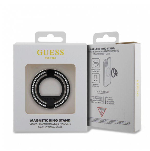 Guess - Magsafe Ringställ Med Präggad Logo Och Rhinestenes - Svart