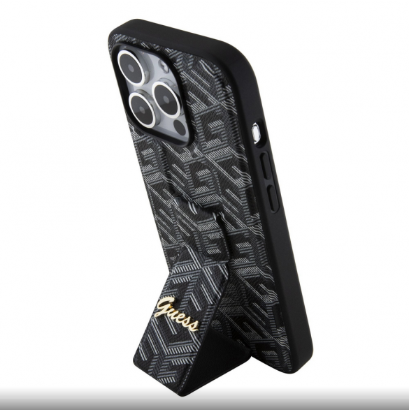 Iphone 15 Pro Max Guess - Grip Ställfodral Pu Gcube Metal Script Logo - Svart