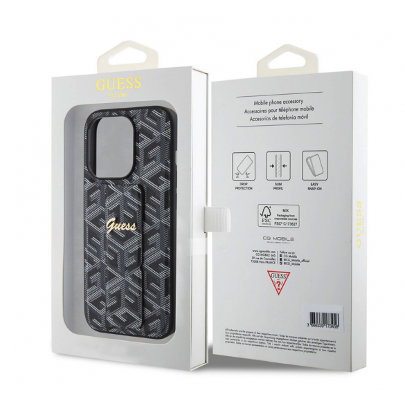 Iphone 15 Pro Max Guess - Grip Ställfodral Pu Gcube Metal Script Logo - Svart