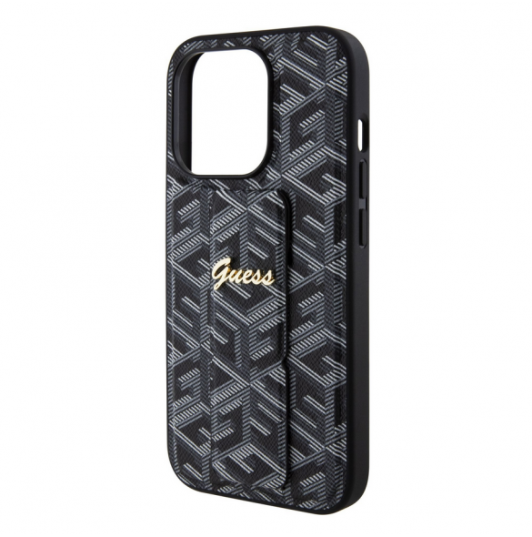 Iphone 15 Pro Max Guess - Grip Ställfodral Pu Gcube Metal Script Logo - Svart