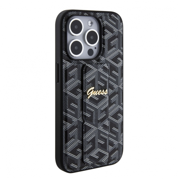 Iphone 15 Pro Max Guess - Grip Ställfodral Pu Gcube Metal Script Logo - Svart