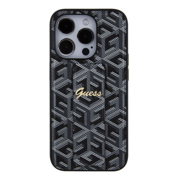 Iphone 15 Pro Max Guess - Grip Ställfodral Pu Gcube Metal Script Logo - Svart