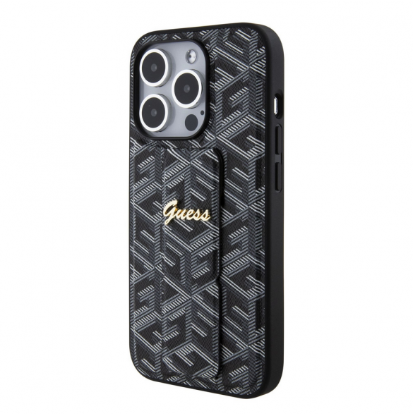 Iphone 15 Pro Max Guess - Grip Ställfodral Pu Gcube Metal Script Logo - Svart
