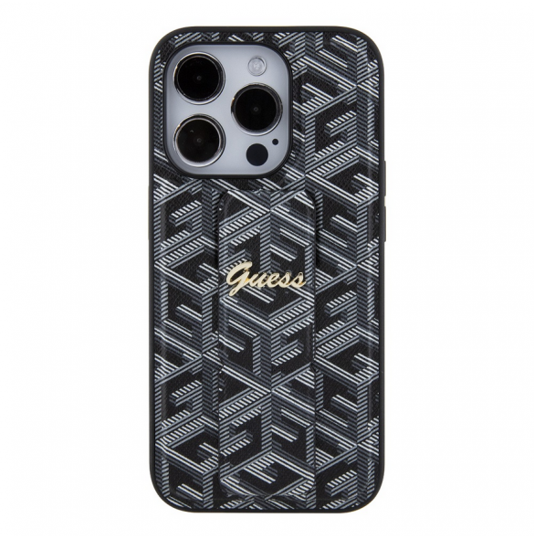 Iphone 15 Pro Guess - Grip Ställfodral Pu Gcube Metal Script Logo - Svart