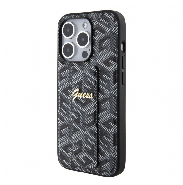 Iphone 15 Pro Guess - Grip Ställfodral Pu Gcube Metal Script Logo - Svart
