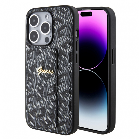 Iphone 15 Pro Guess - Grip Ställfodral Pu Gcube Metal Script Logo - Svart