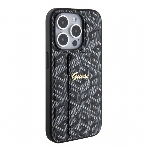 Iphone 15 Pro Guess - Grip Ställfodral Pu Gcube Metal Script Logo - Svart