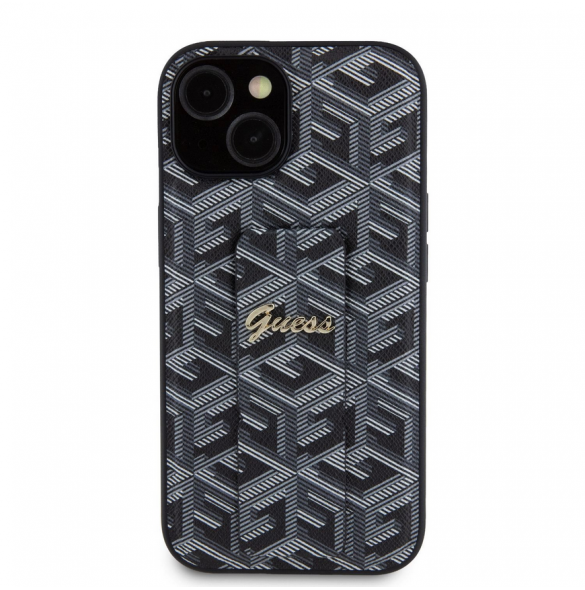 Iphone 15 Guess - Grip Ställfodral Pu Gcube Metal Script Logo - Svart