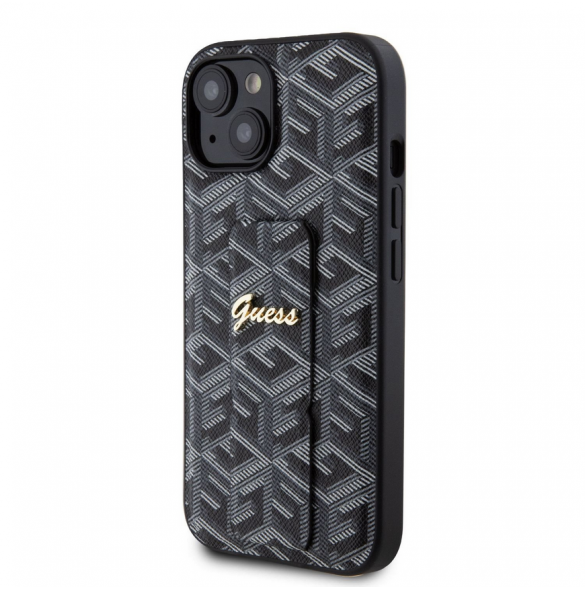 Iphone 15 Guess - Grip Ställfodral Pu Gcube Metal Script Logo - Svart