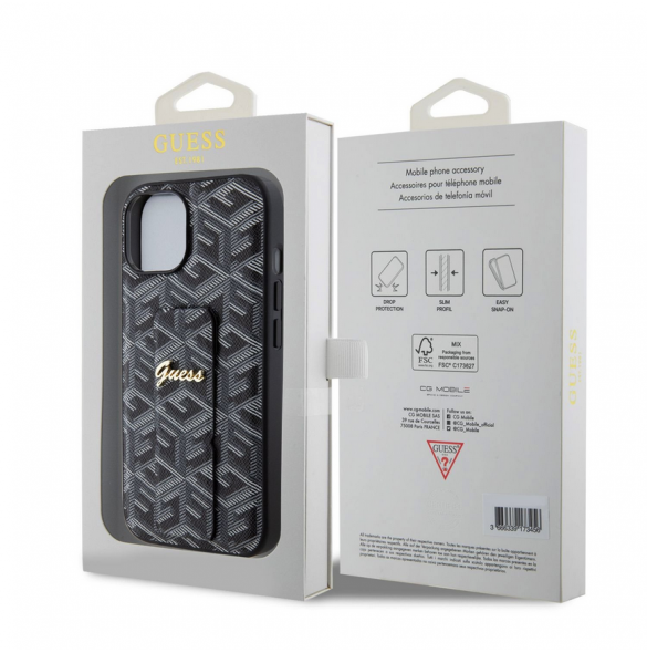 Iphone 15 Guess - Grip Ställfodral Pu Gcube Metal Script Logo - Svart