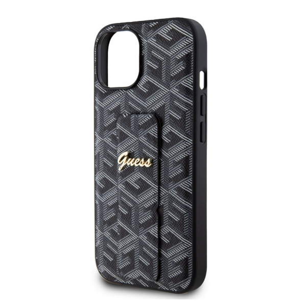 Iphone 15 Guess - Grip Ställfodral Pu Gcube Metal Script Logo - Svart