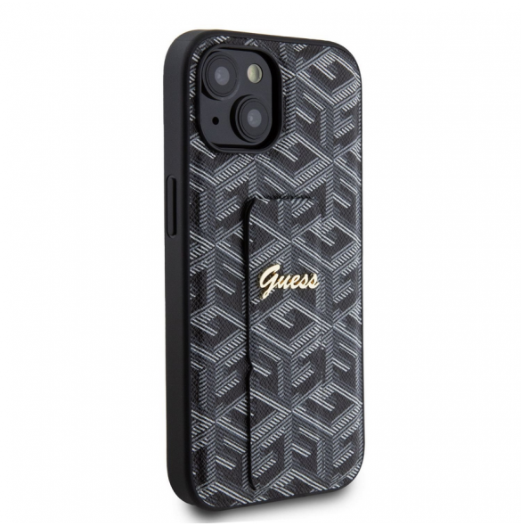 Iphone 15 Guess - Grip Ställfodral Pu Gcube Metal Script Logo - Svart