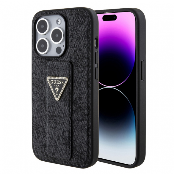 Iphone 15 Pro Max Guess - Grip Ställfodral Pu 4g Metall Triangle Strass Logo - Svart