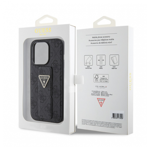 Iphone 15 Pro Max Guess - Grip Ställfodral Pu 4g Metall Triangle Strass Logo - Svart