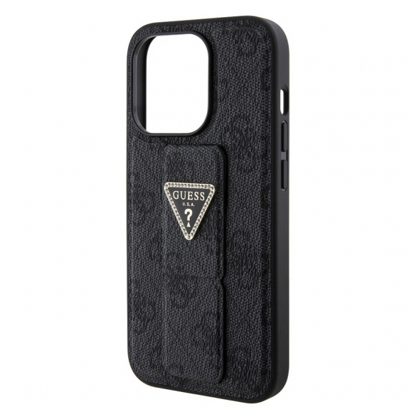 Iphone 15 Pro Max Guess - Grip Ställfodral Pu 4g Metall Triangle Strass Logo - Svart