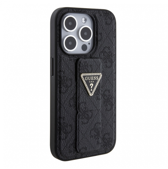 Iphone 15 Pro Max Guess - Grip Ställfodral Pu 4g Metall Triangle Strass Logo - Svart