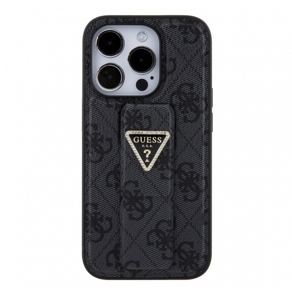 Iphone 15 Pro Max Guess - Grip Ställfodral Pu 4g Metall Triangle Strass Logo - Svart