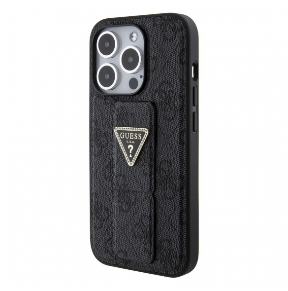 Iphone 15 Pro Max Guess - Grip Ställfodral Pu 4g Metall Triangle Strass Logo - Svart