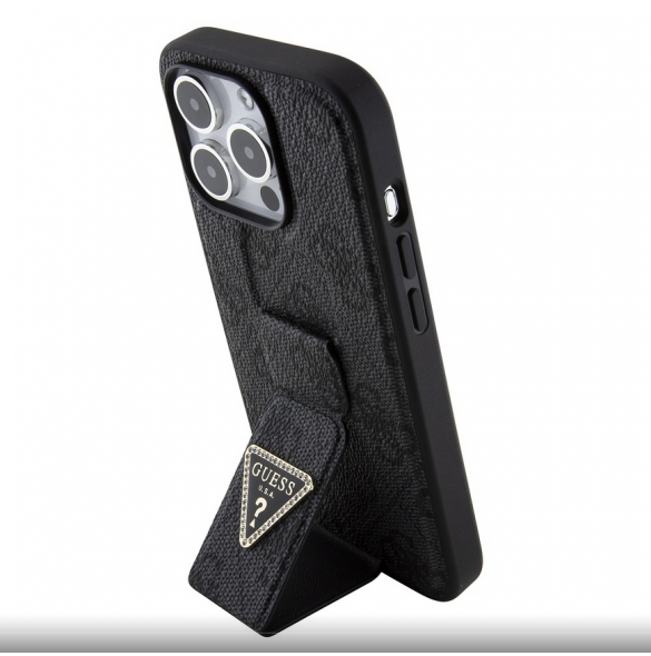 Iphone 15 Pro Guess - Grip Ställfodral Pu 4g Metal Triangle Strass Logo - Svart