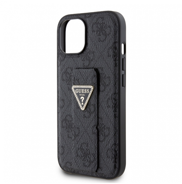 Iphone 15 Guess - Grip Ställfodral Pu 4g Metall Triangle Strass Logo - Svart